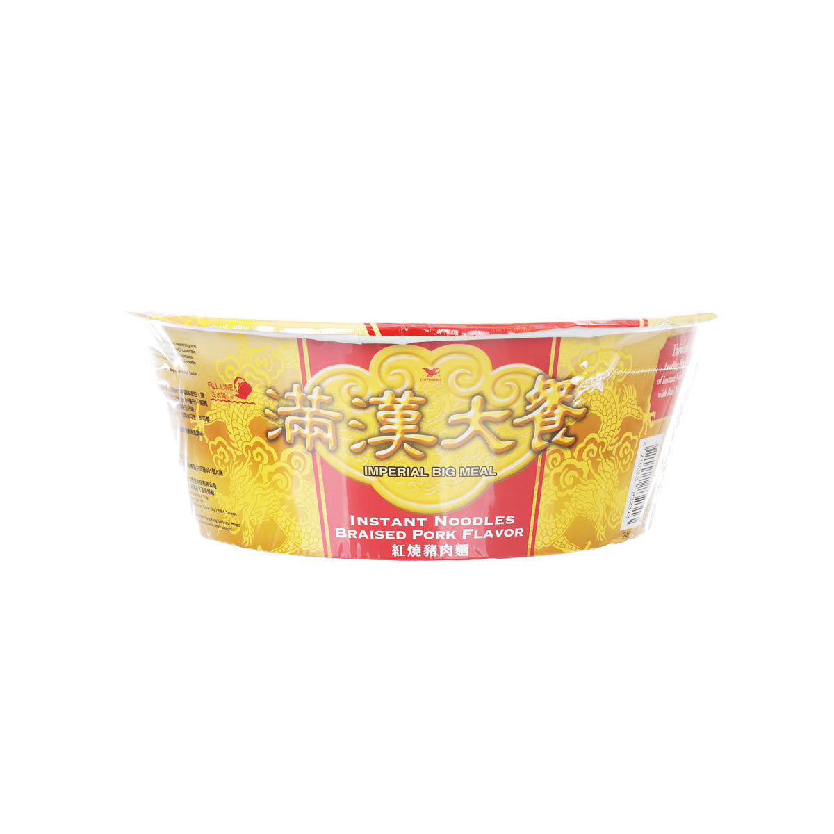 Braised pork instant noodle cup, side view with gold and red label