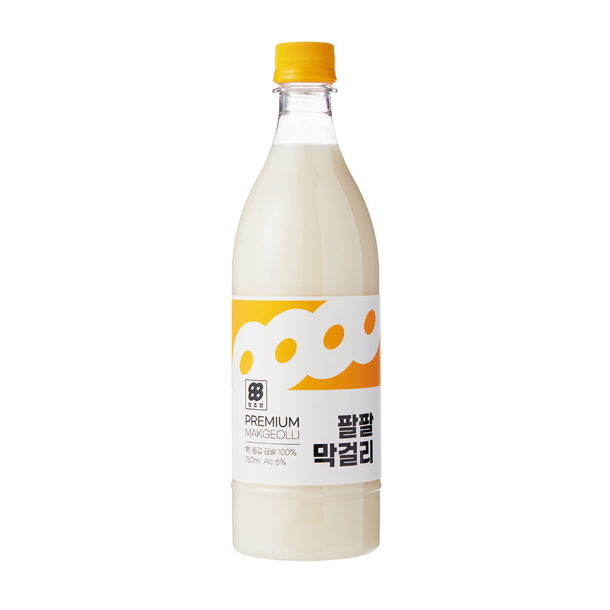 Makgeolli rice wine bottle with yellow cap and cream-colored liquid, white label