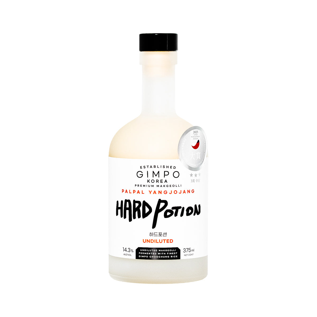 Hard Potion makgeolli rice wine bottle, 375 mL, black and cream label