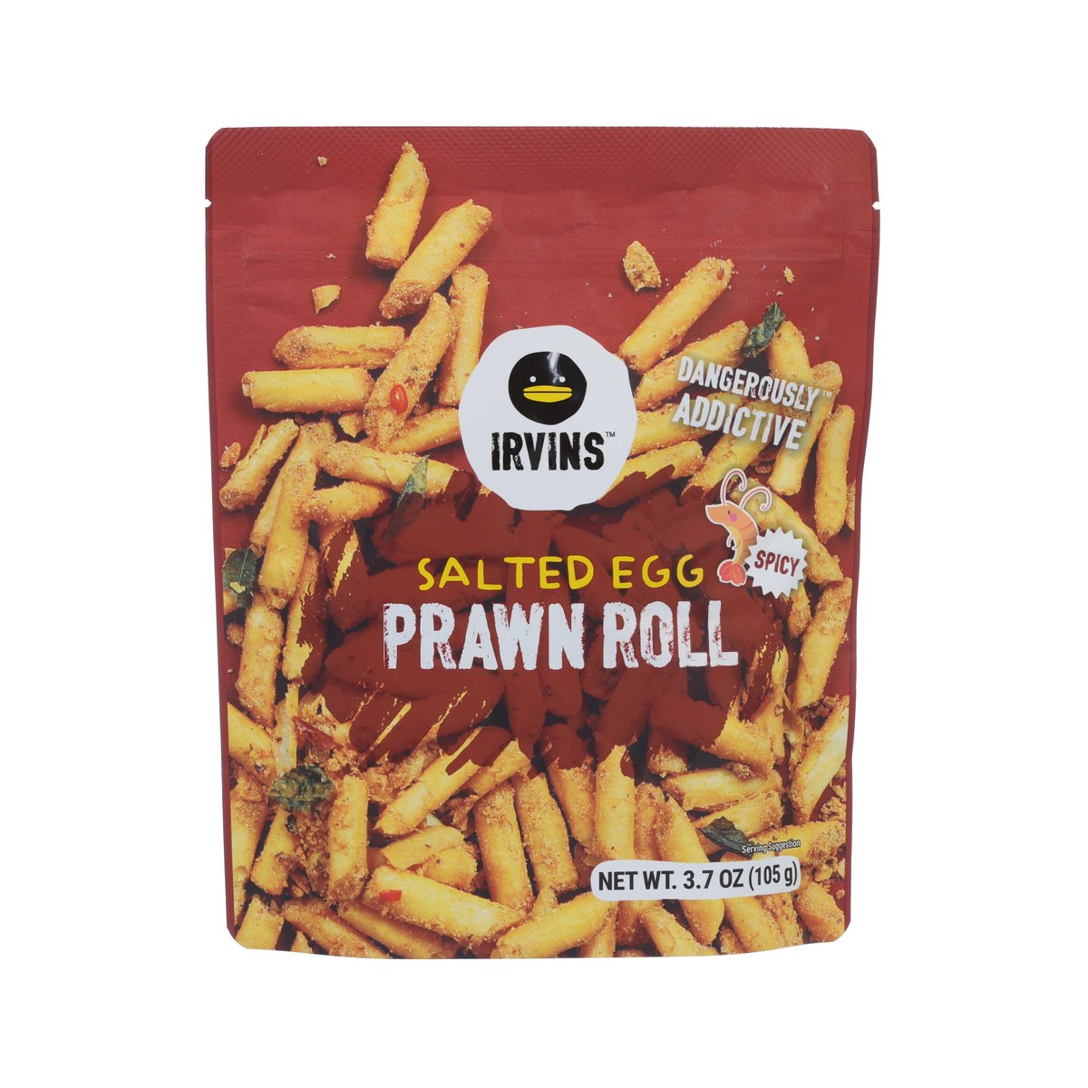 IRVINS Salted Egg Prawn Roll snack pouch, red bag with prawn stick graphics