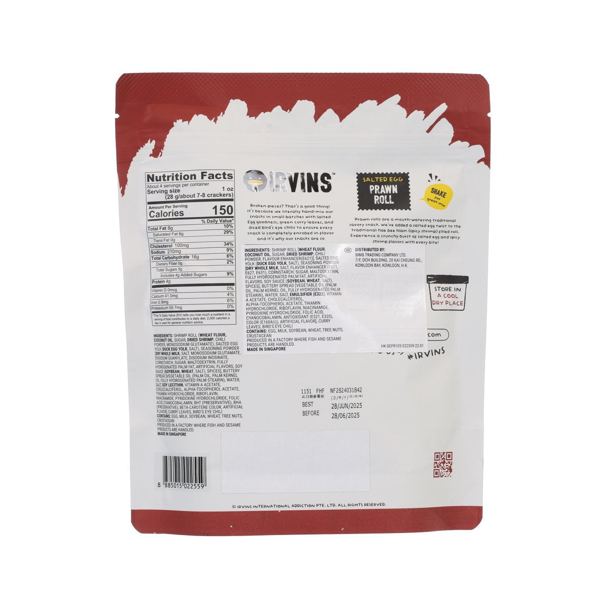 IRVINS snack pouch back with nutrition facts label and ingredient panel