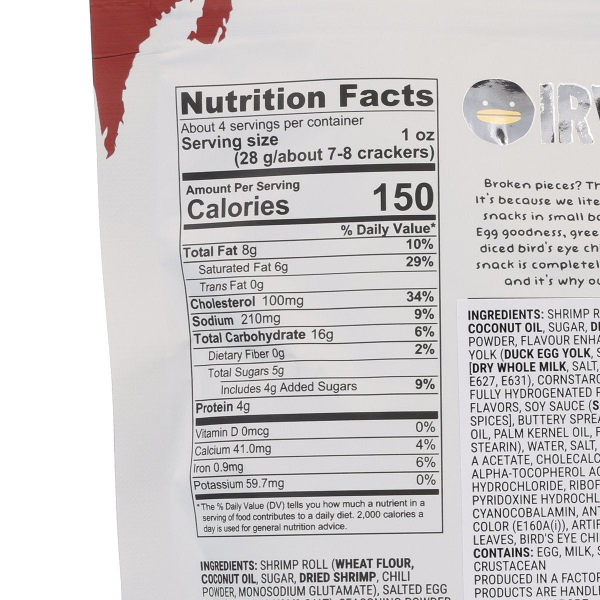 Nutrition Facts close-up on IRVINS salted egg prawn roll pouch, 150 calories