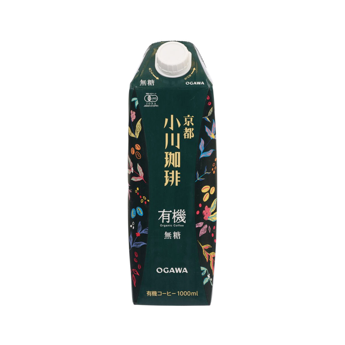 Sugar-free organic coffee carton, green front with OGAWA logo and printed panel