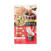 Instant soba sauce powder sachet, red/white front with cup serving illustration.