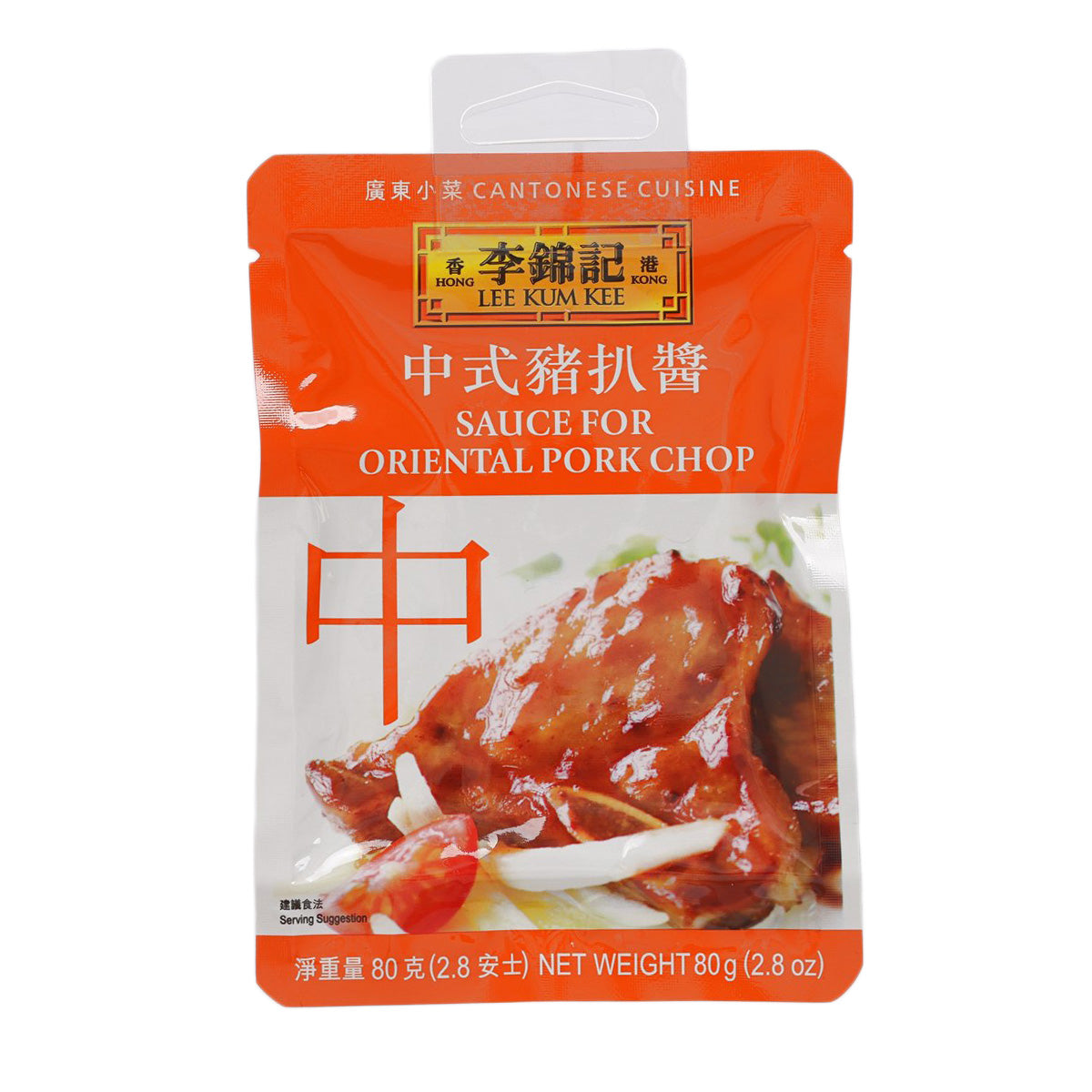 LEE KUM KEE oriental pork chop sauce pouch, orange and white front