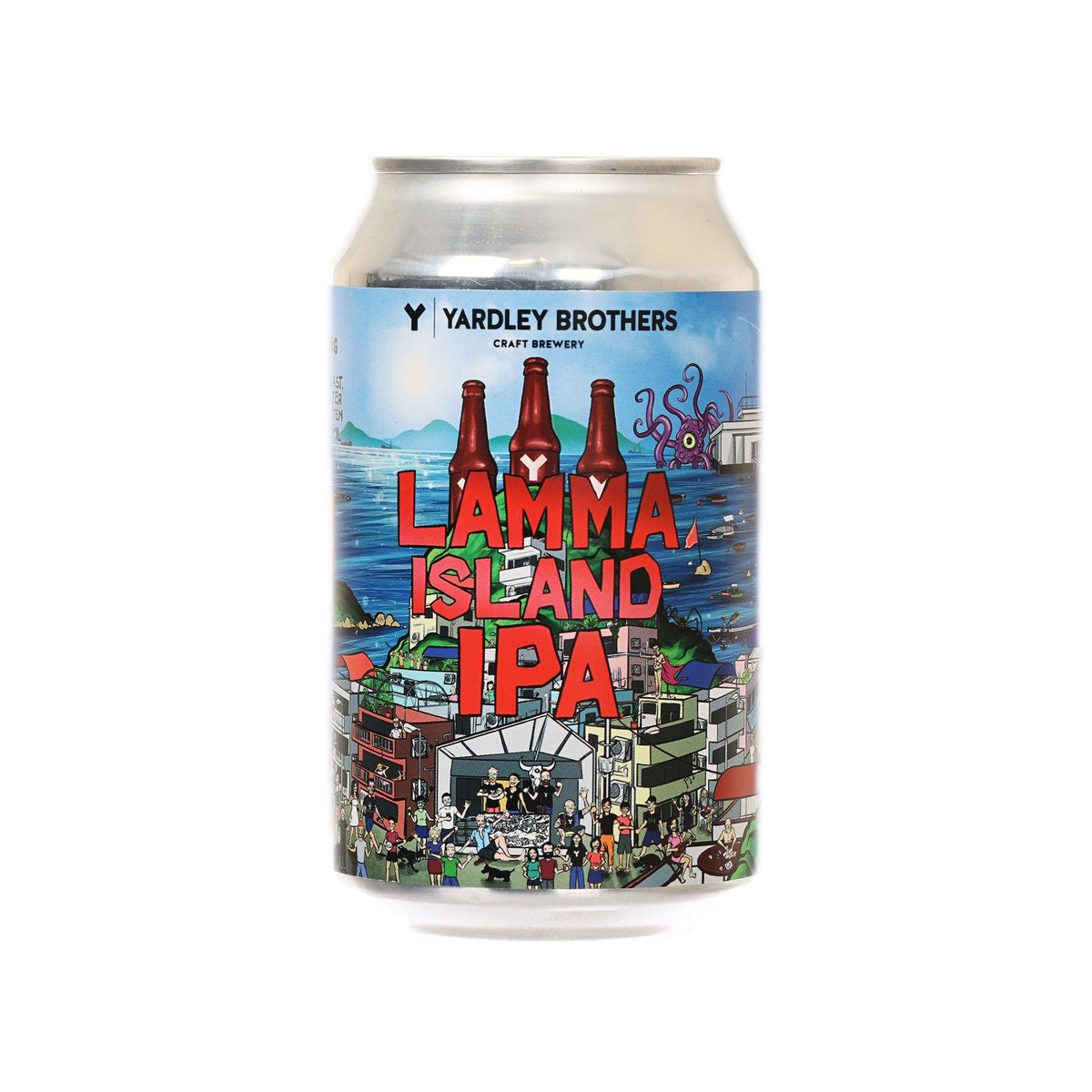 YARDLEY BROTHERS Lamma Island IPA beer can with colorful harbor illustration