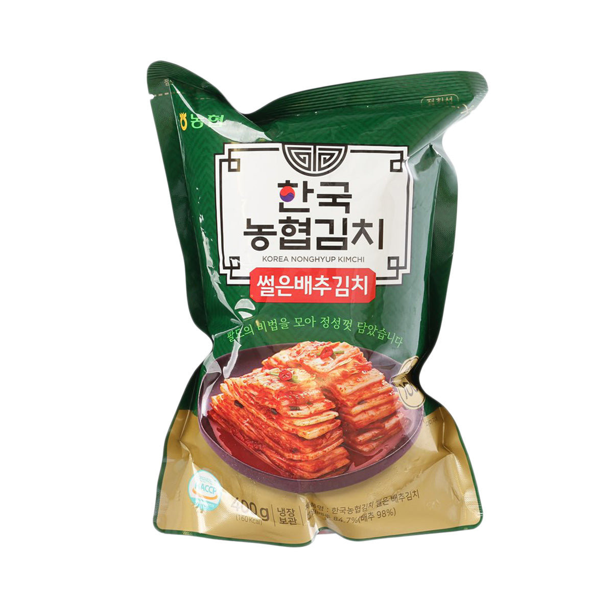 Korean napa cabbage kimchi pouch, green package with front label and red kimchi
