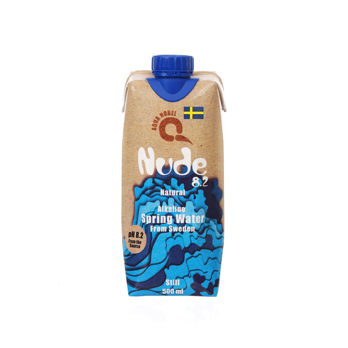 Natural alkaline spring water carton, blue cap, 500 mL, kraft brown with blue graphics