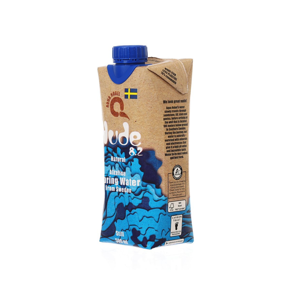 Natural alkaline spring water carton, blue cap, 500 mL, back label on brown paperboard