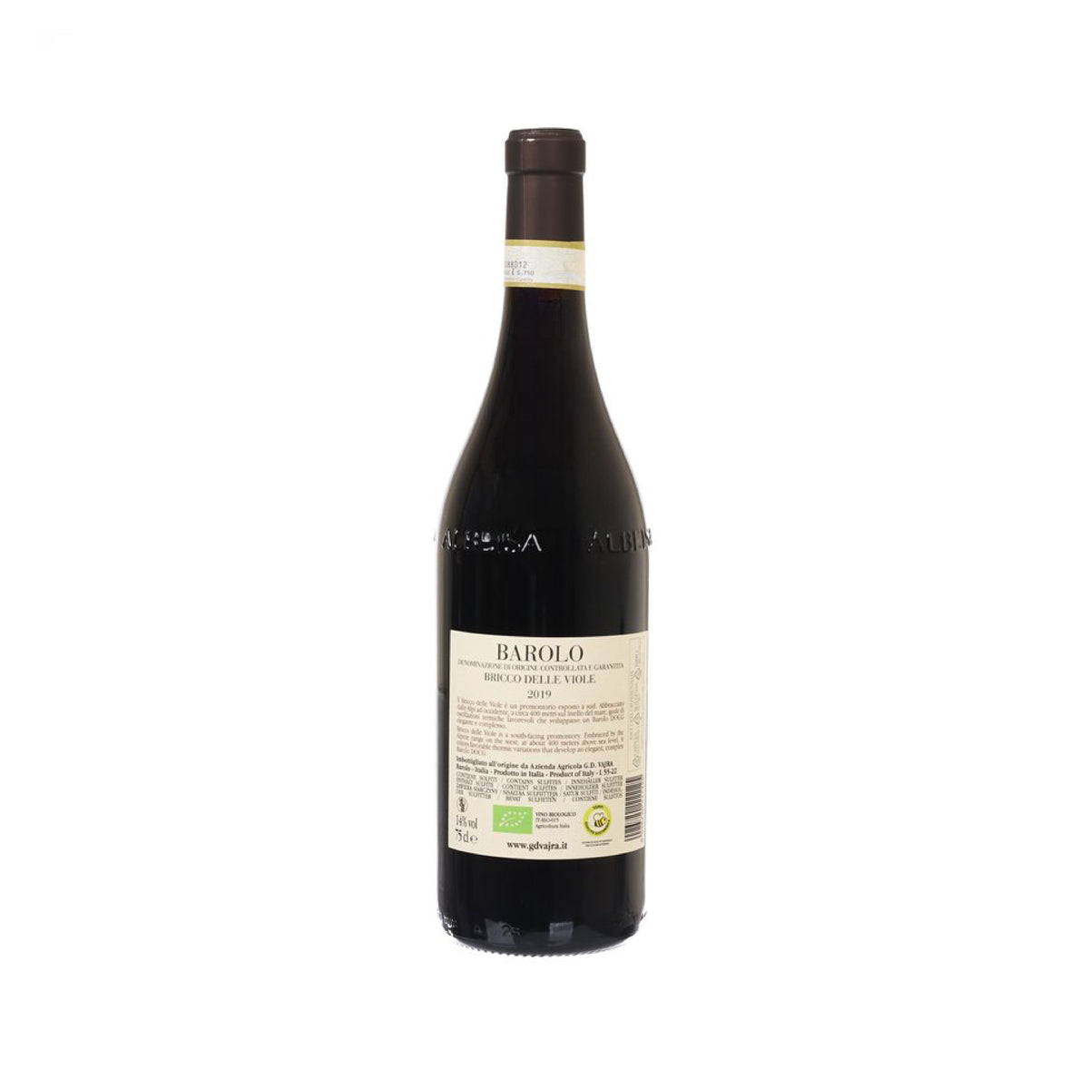Barolo wine bottle with back label, barcode and information label