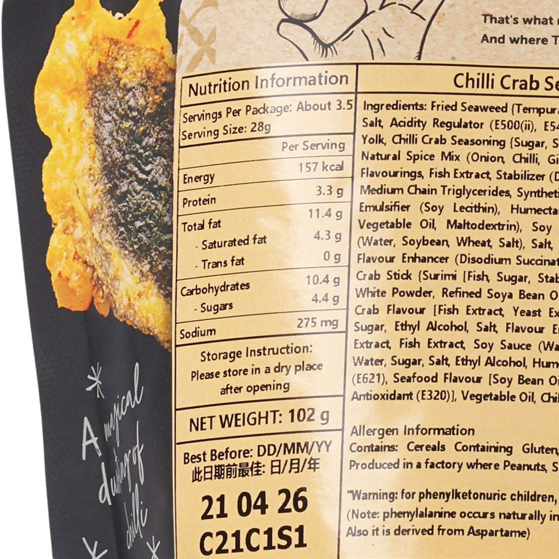 Nutrition information panel close-up on chilli crab seaweed tempura pouch