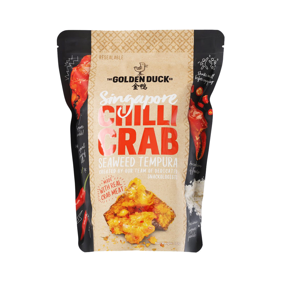 Resealable snack pouch of chilli crab seaweed tempura, front view with pouch art