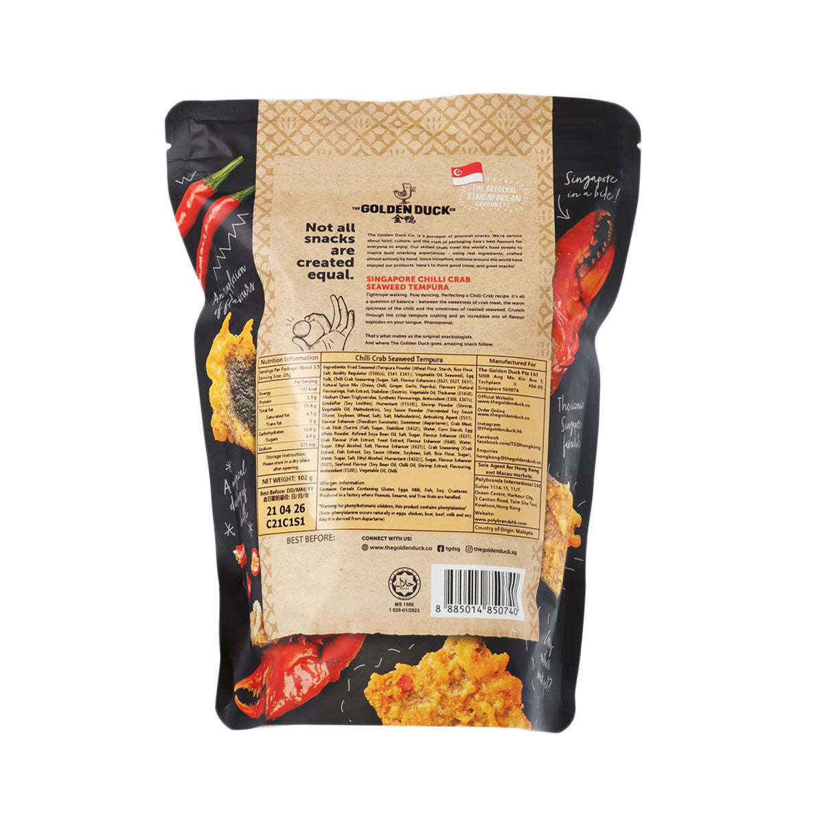 Resealable snack pouch, back panel with ingredients and nutrition table for chilli crab