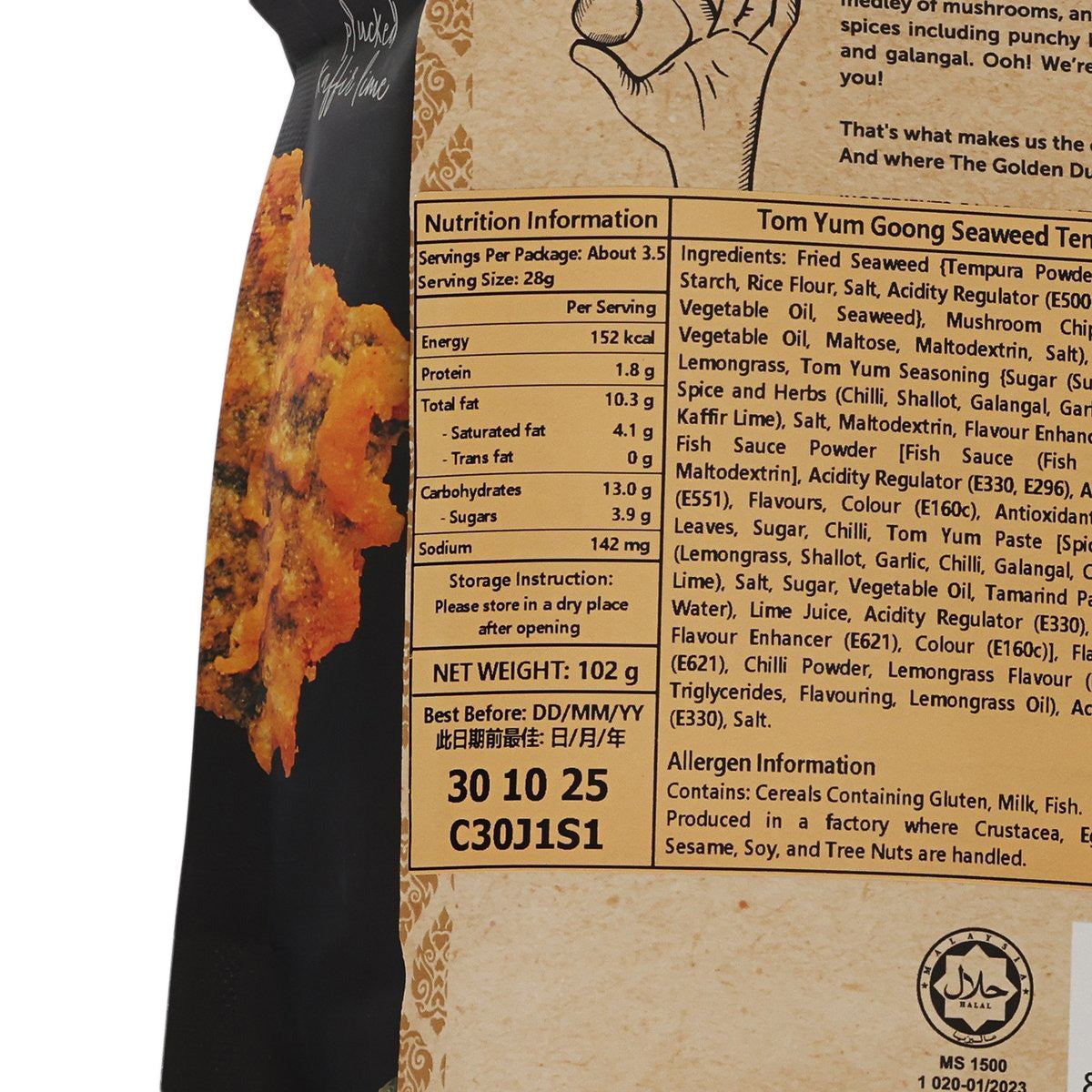 Seasoning pouch close-up of nutrition facts and net weight