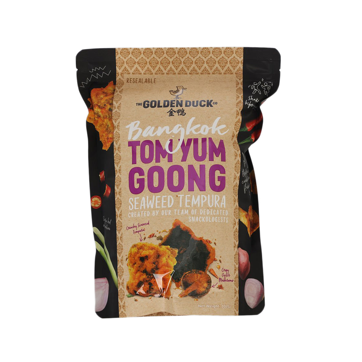 Seasoning pouch with seaweed tempura artwork, front label