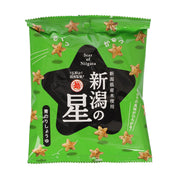 Green snack bag of star-shaped rice crackers in soy sauce flavor