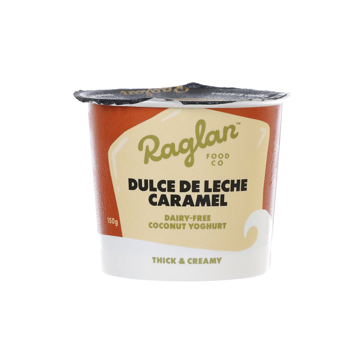 Dairy-free coconut yogurt cup with Dulce de Leche Caramel label, 150g