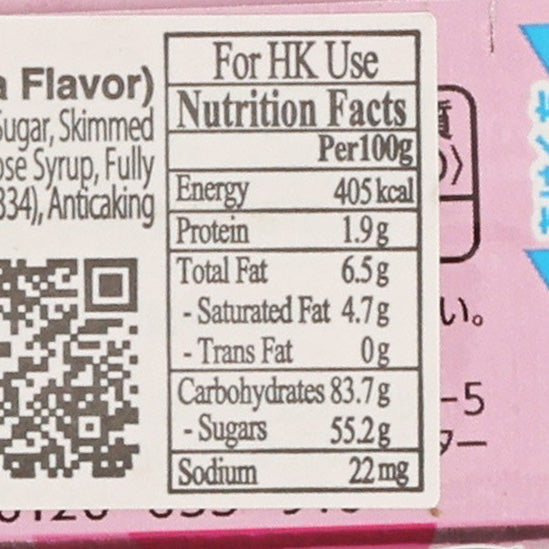 Nutrition Facts label per 100g on pink gummy candy package, For HK use