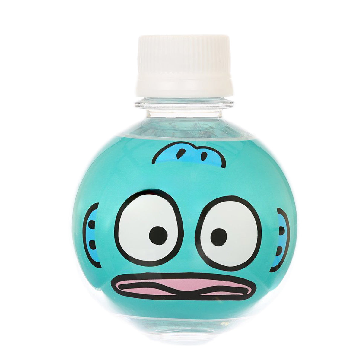 Hangyodon turquoise water bottle with character face and white cap