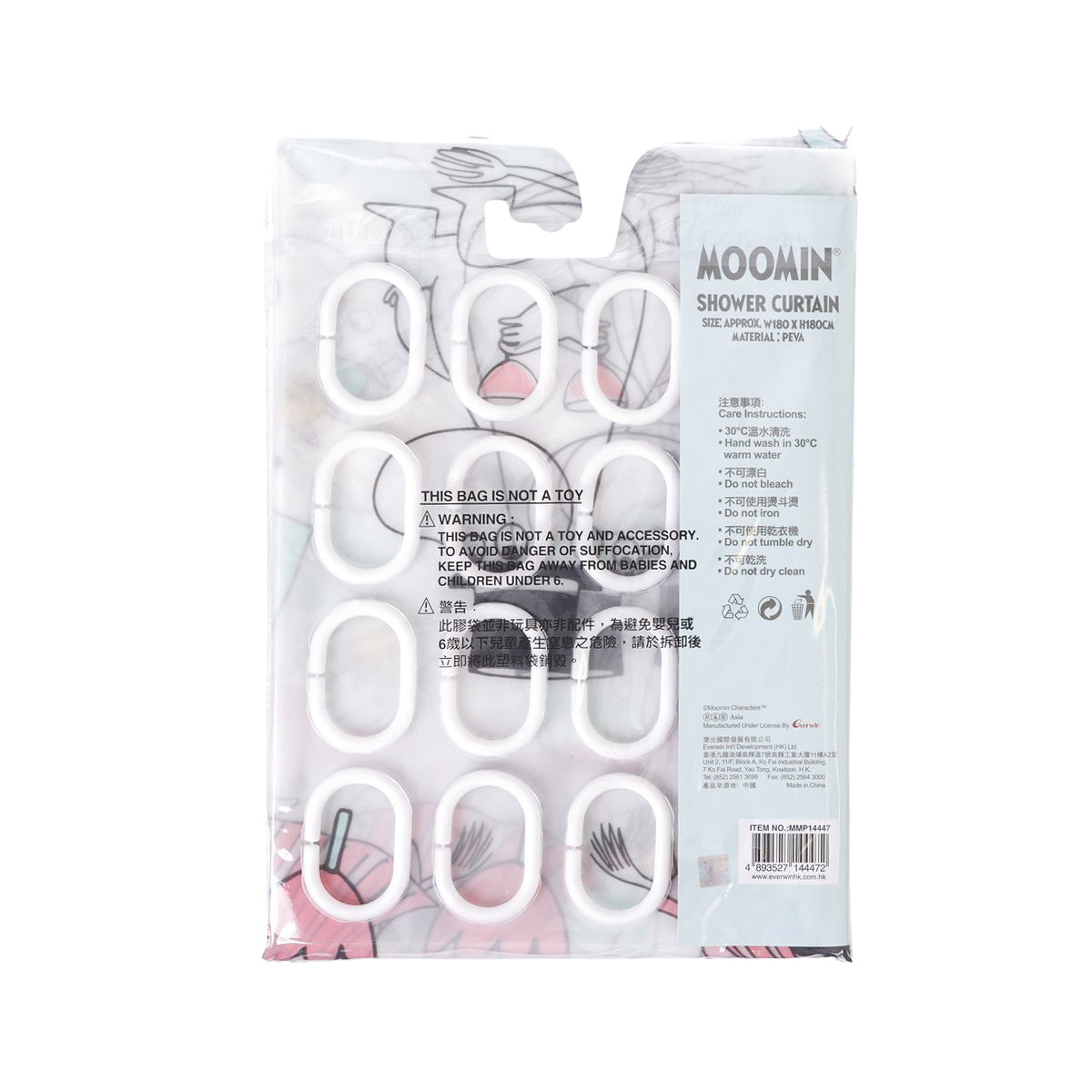 PEVA shower curtain pack back with Moomin branding and care instructions, 180x180cm