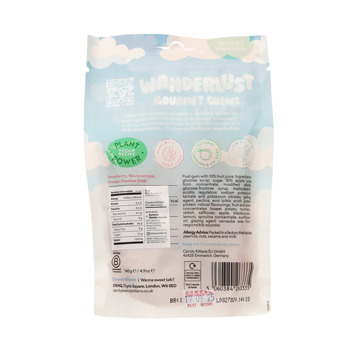 Back of light blue gummy chews pouch with nutrition chart and plant-based power badges