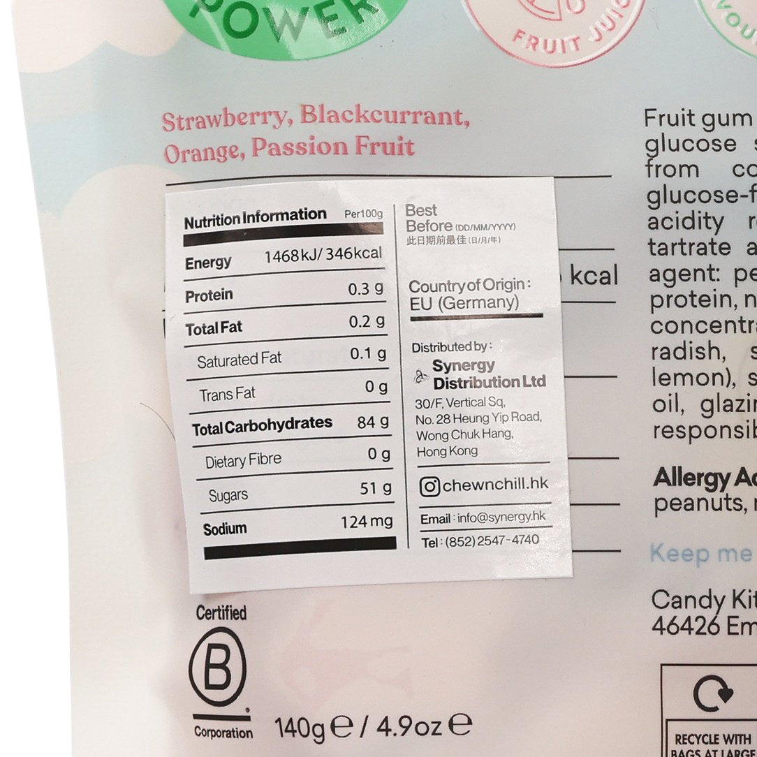 Nutrition information panel on gummy chews pouch, showing 140 g net weight