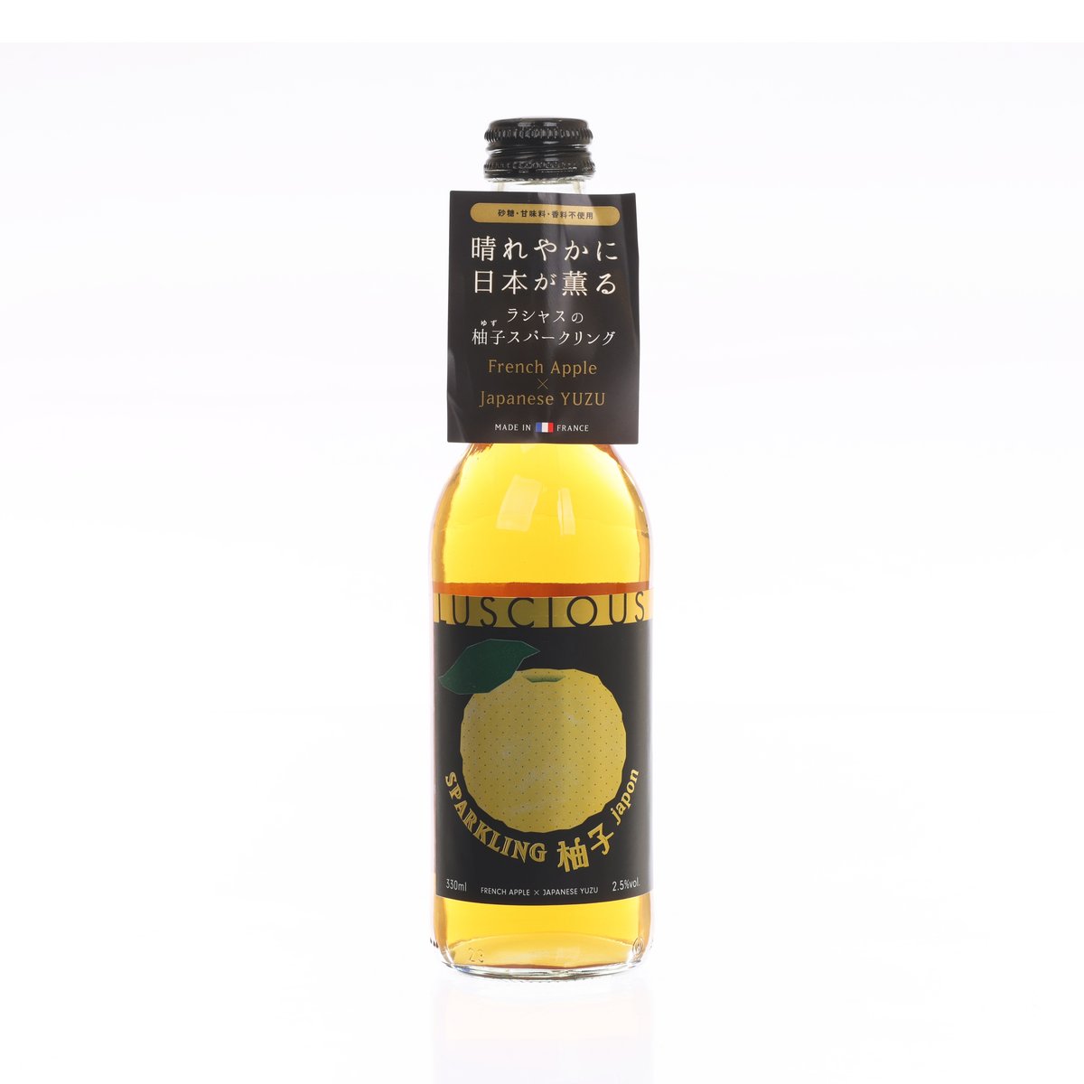 Sparkling cider bottle with black front label and amber liquid, 330 mL