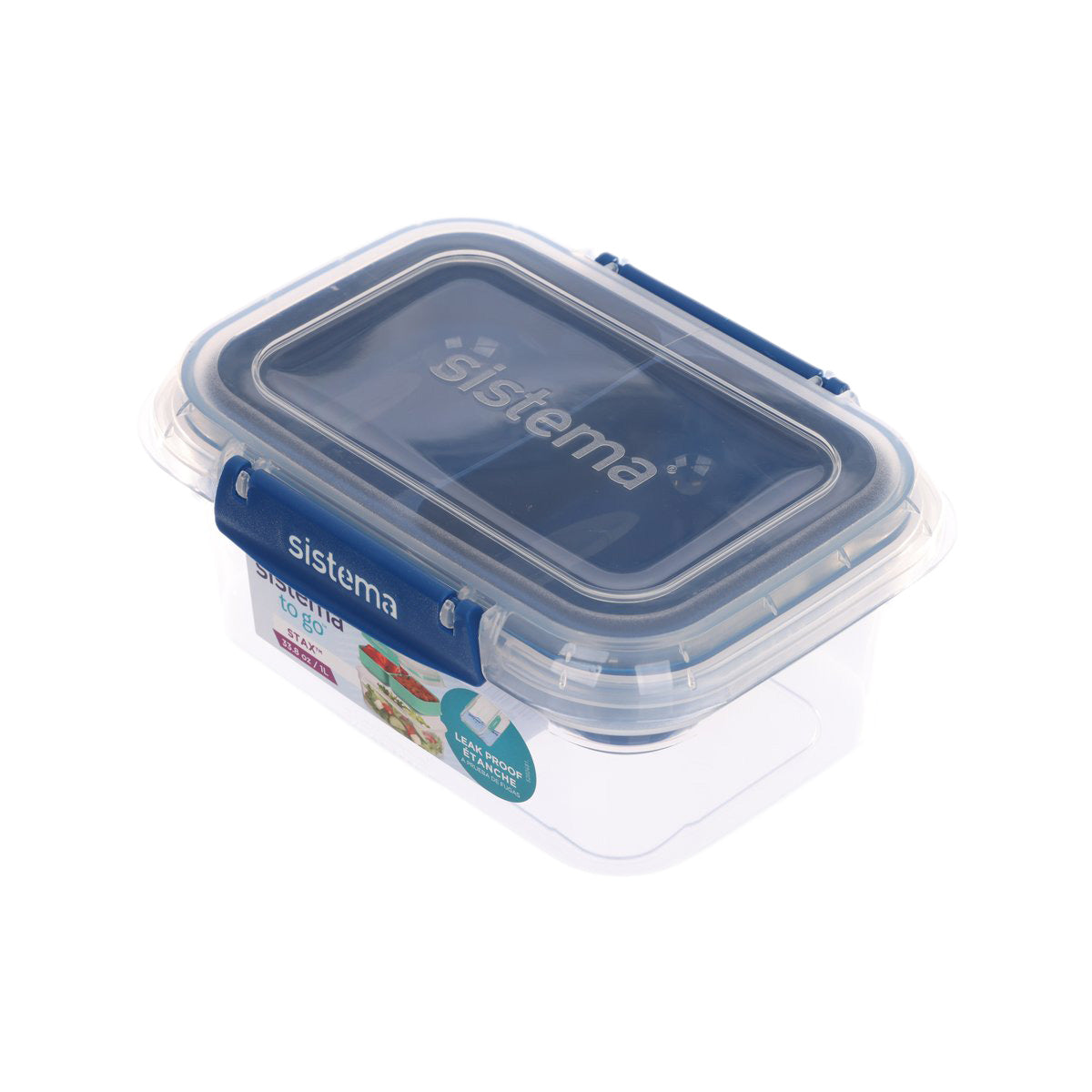 Rectangle Stax To Go 1L container with blue snap lid and clear base by SISTEMA