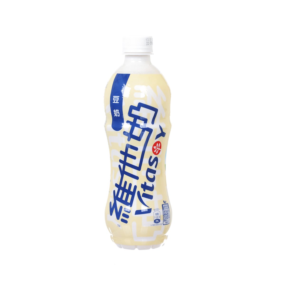 Soybean milk bottle with blue-and-cream label and white cap
