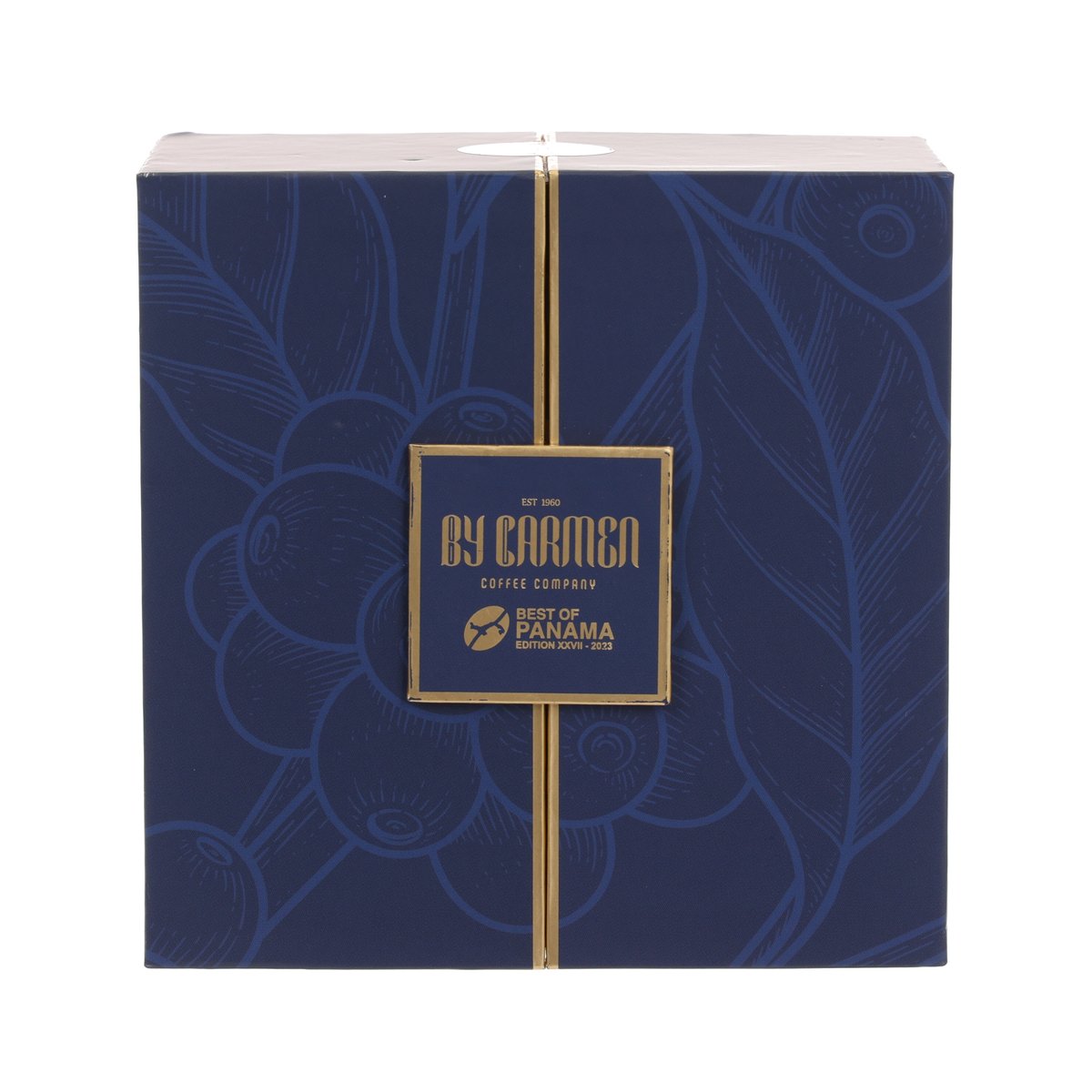 Coffee gift box with dark blue wrap and gold ribbon, BY CARMEN label on front