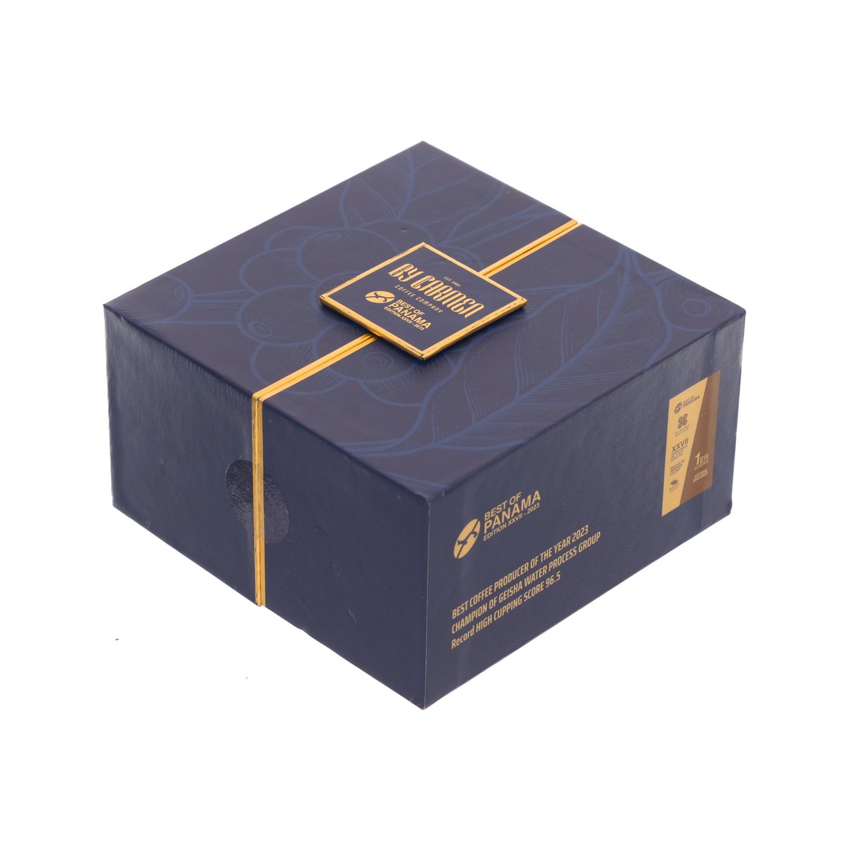 Coffee gift box, dark blue with gold corner emblem and BY CARMEN branding on top