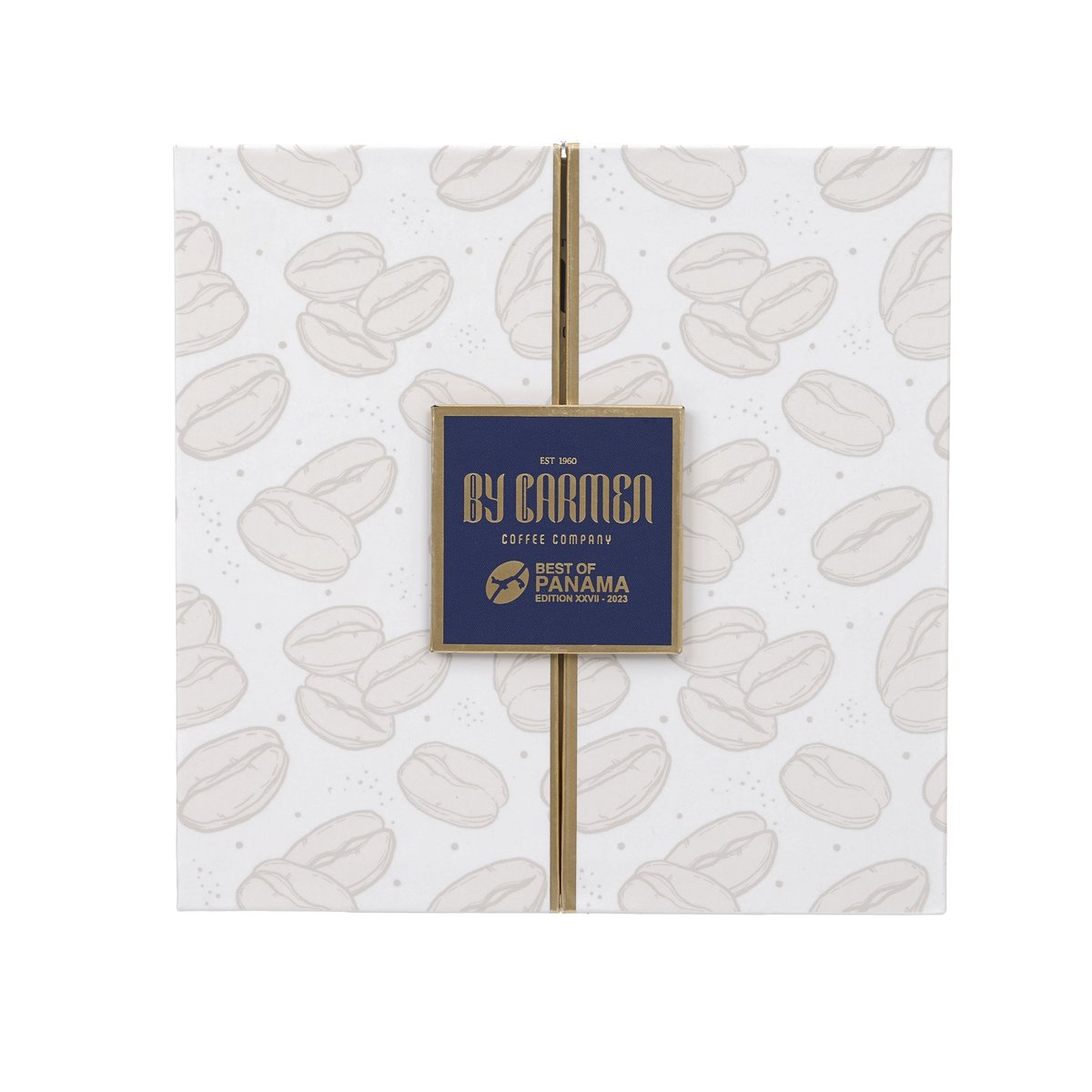 Coffee gift box with patterned white cover, gold clasp, and navy logo label