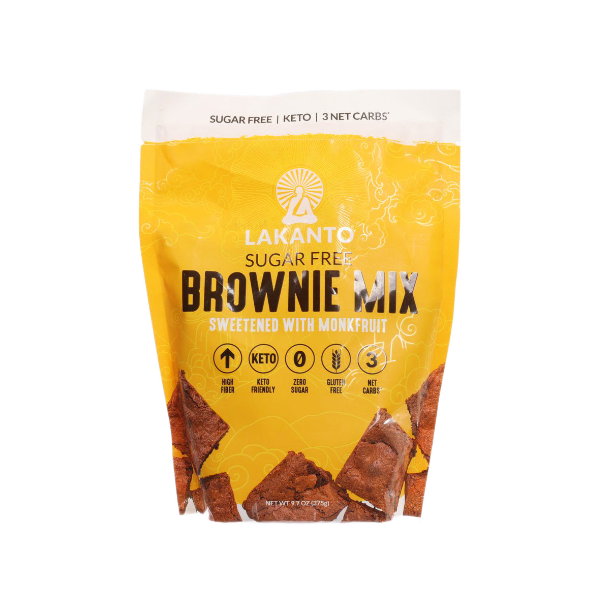 LAKANTO sugar-free brownie mix pouch, yellow package with brownie graphics