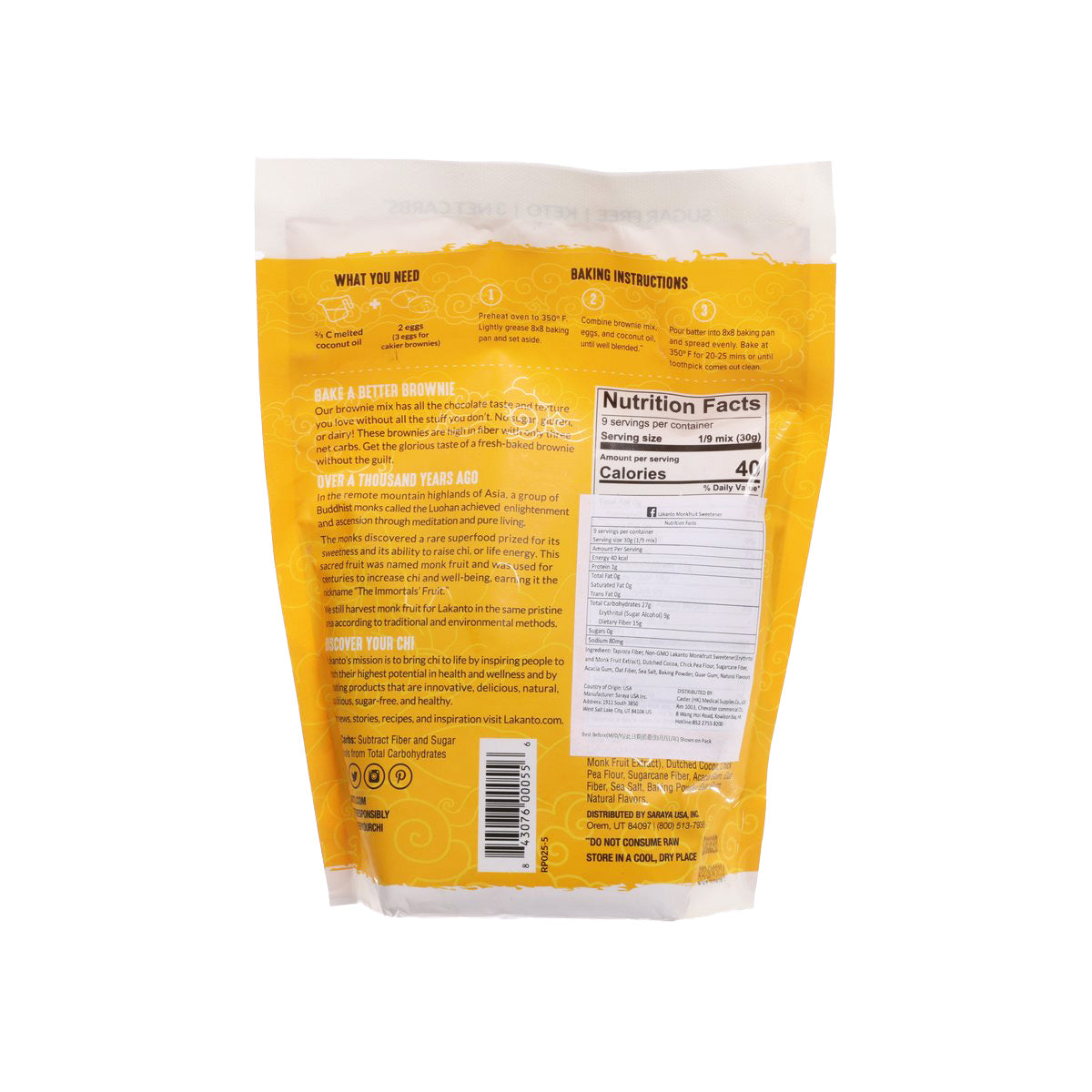 LAKANTO sugar-free brownie mix back pouch with nutrition facts and barcode