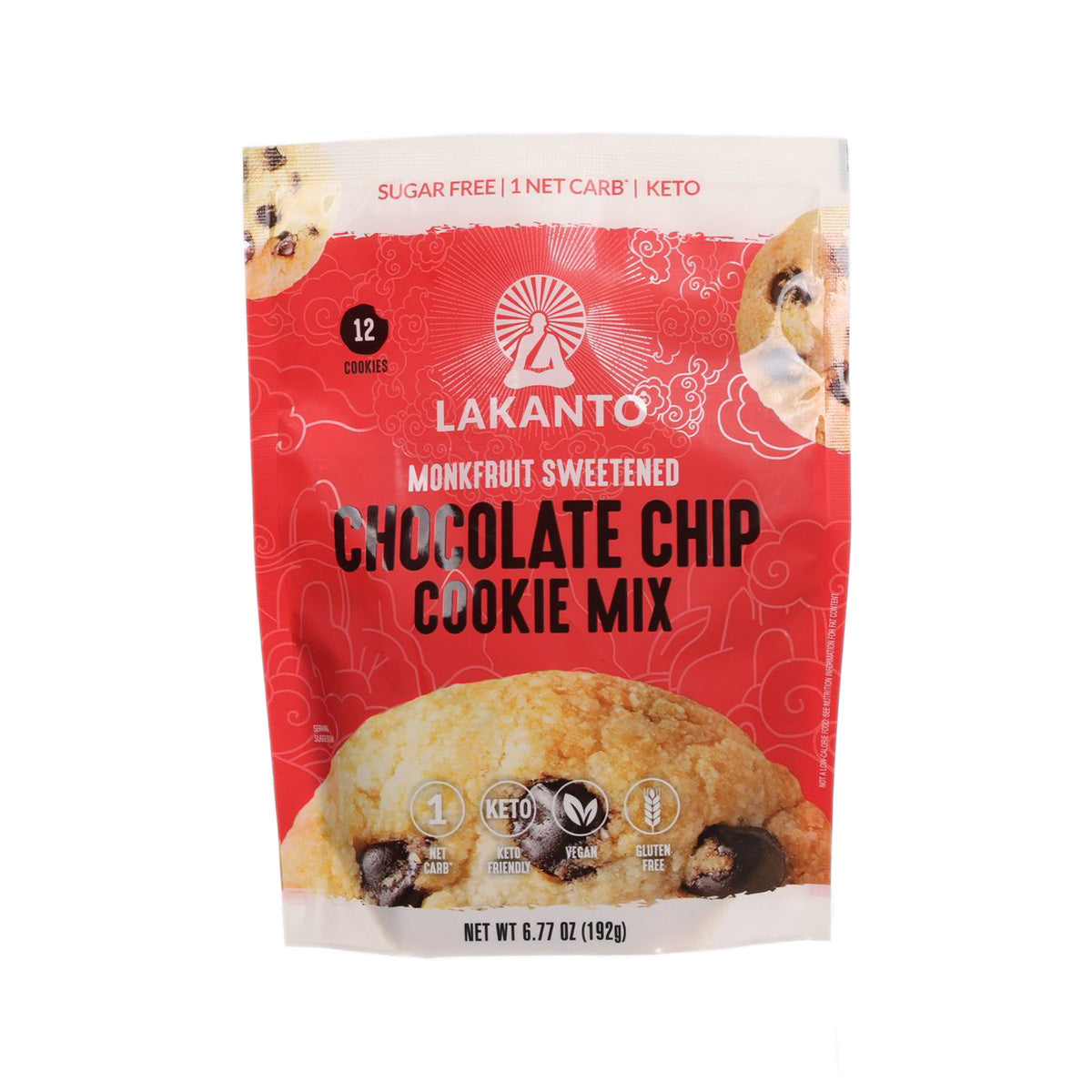 LAKANTO chocolate chip cookie mix pouch, red front with cookie photo and text