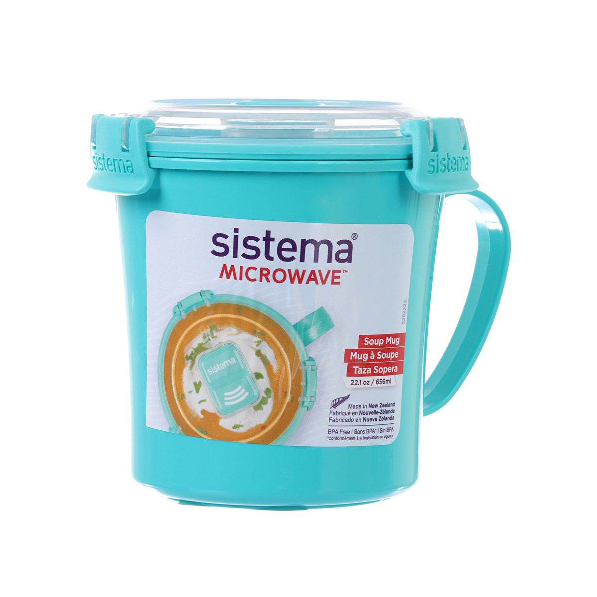 Teal microwave soup mug container with snap lid and side handle, 656 mL