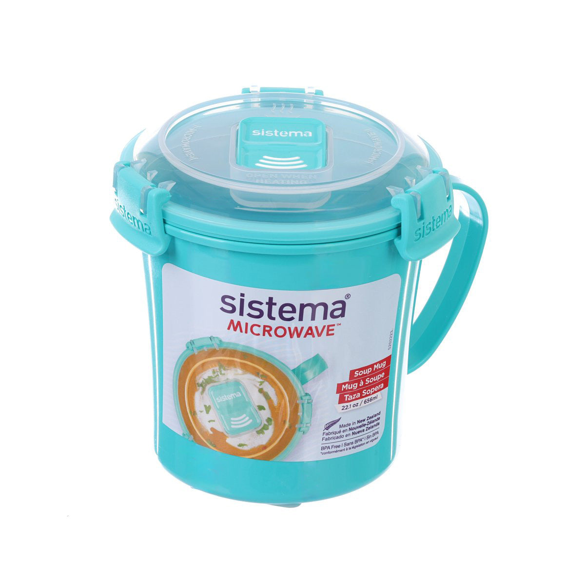Teal round microwave soup mug container with clear top lid and carrying handles
