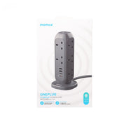 Grey 11-outlet power strip with USB ports on rotating base