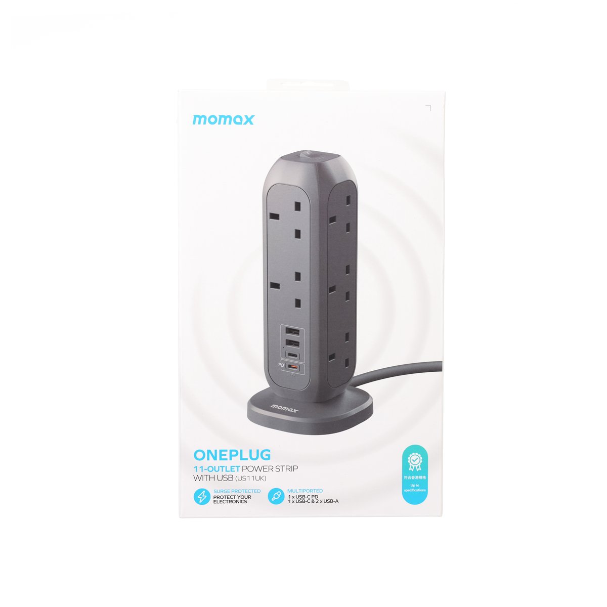 Grey 11-outlet power strip with USB ports on rotating base