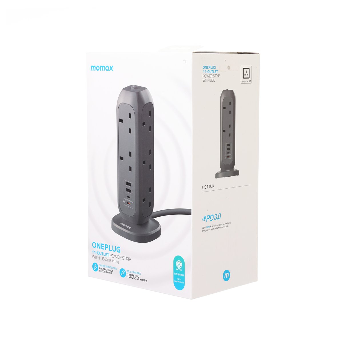 Grey 11-outlet power strip with USB ports, shown on retail box