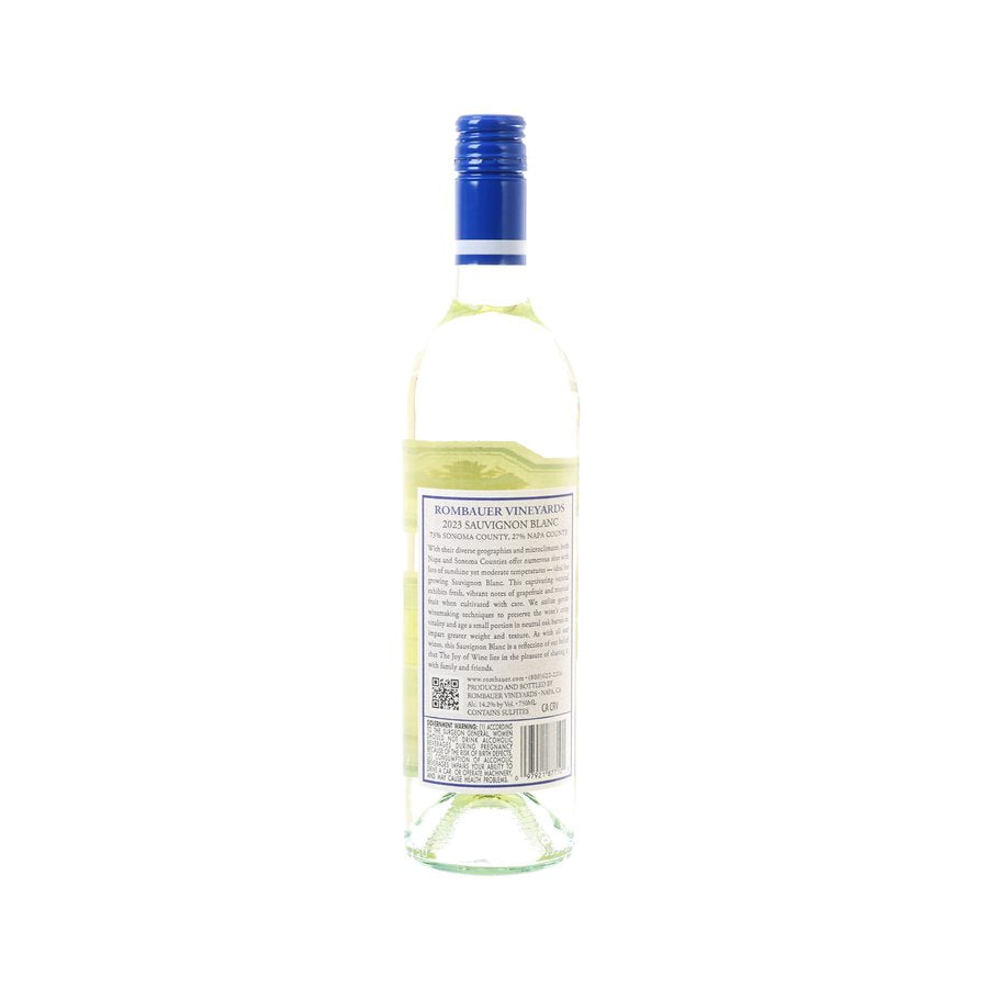 ROMBAUER Sonoma & Napa Sauvignon Blanc 2023 wine bottle, back label, blue cap