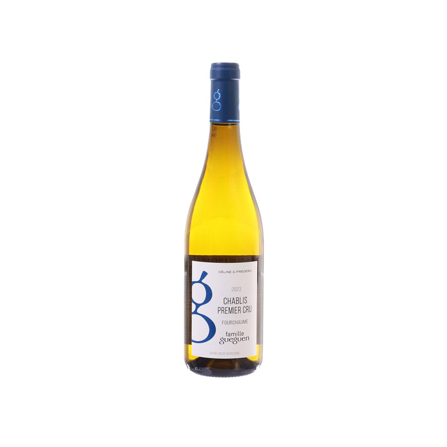 DOM GUEGUEN Chablis Premier Cru wine bottle, golden white wine, front label