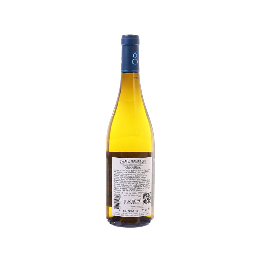DOM GUEGUEN Chablis Premier Cru wine bottle, golden white wine, back label