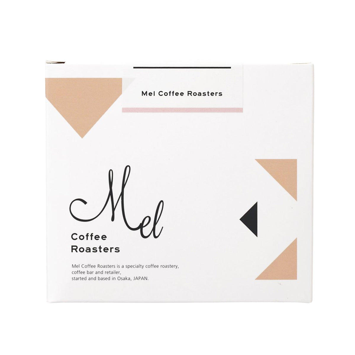 Whole coffee bean bag, white paper package with geometric shapes and Coffee Roasters logo