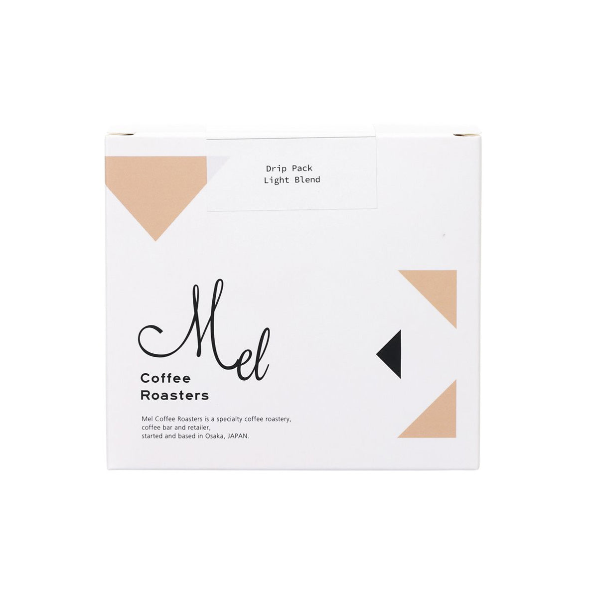 Light blend drip coffee pack box, white with geometric accents and brand logo