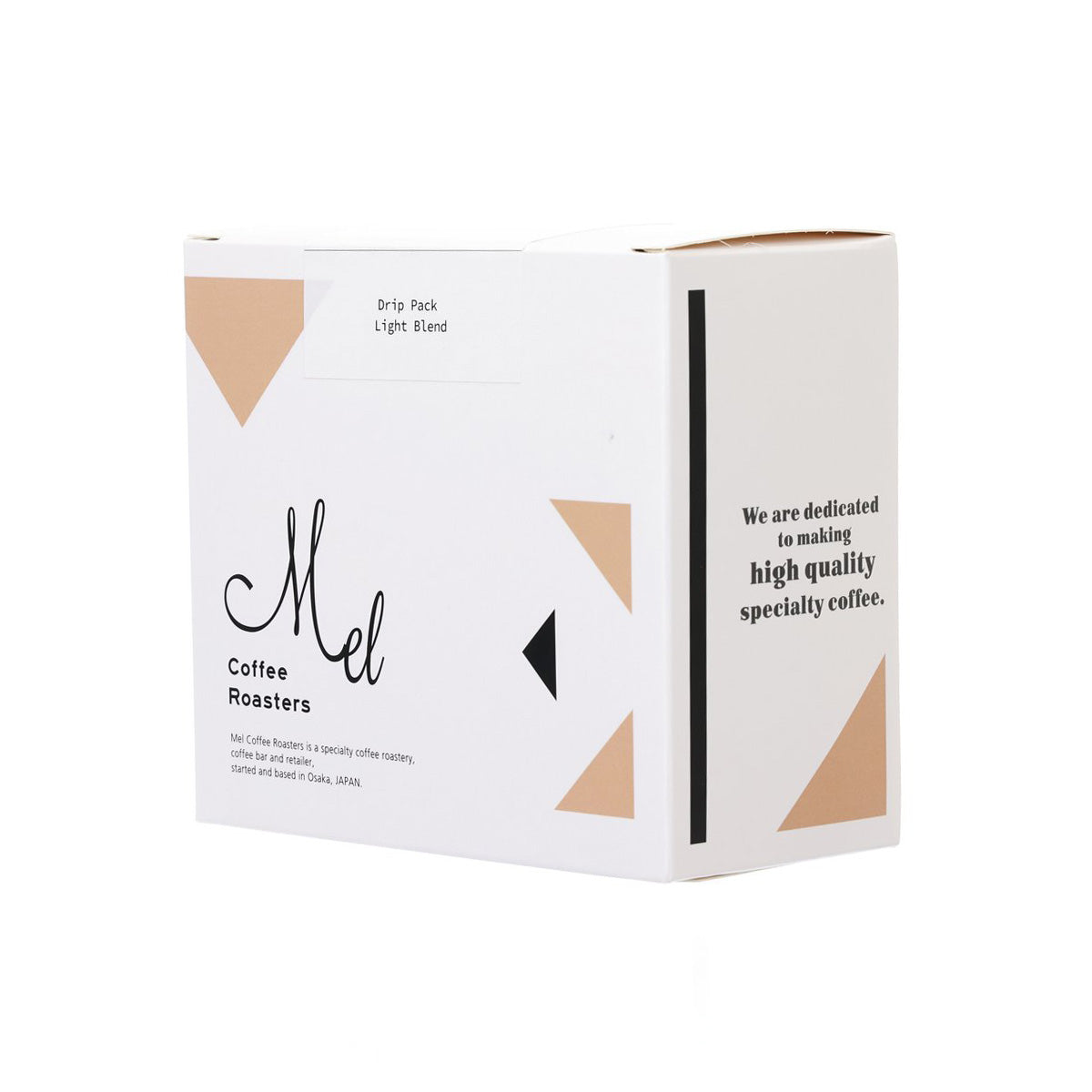 Light blend drip coffee pack box with side panel and vertical black text bar