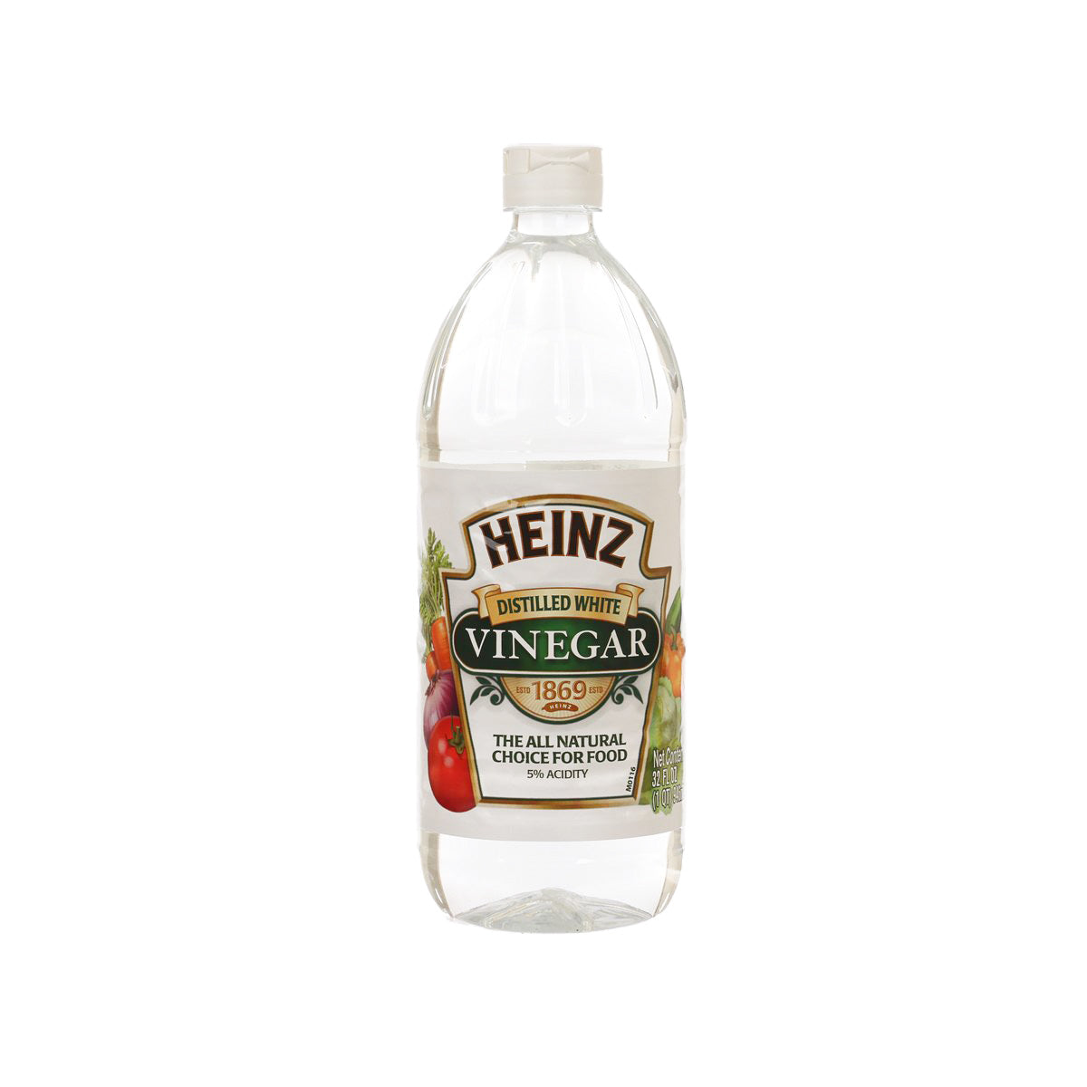 HEINZ distilled white vinegar bottle, clear plastic 946 mL with front label