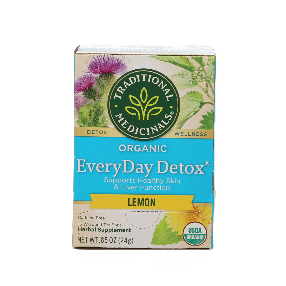 Traditional Medicinals organic lemon detox tea bag box with blue front panel