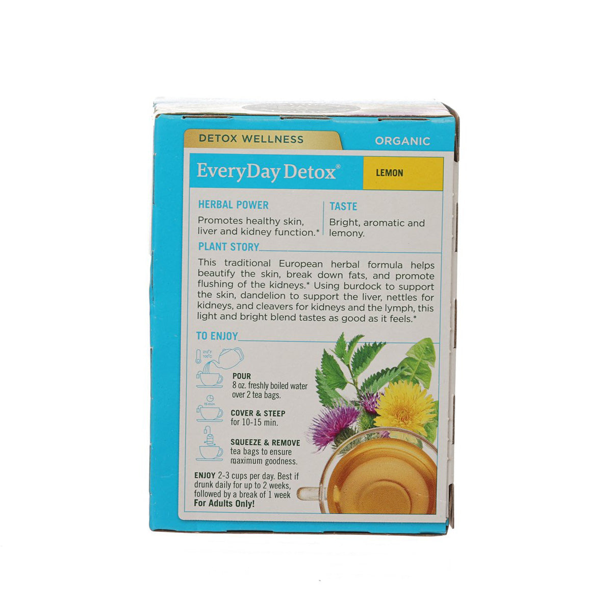 Traditional Medicinals organic lemon detox tea box back panel with brewing instructions