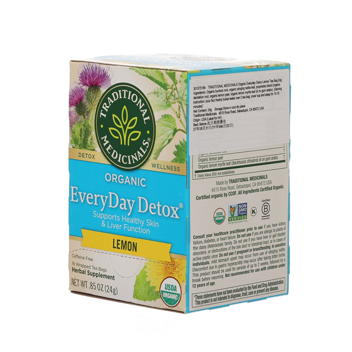 Traditional Medicinals EveryDay Detox organic lemon tea box with side product label